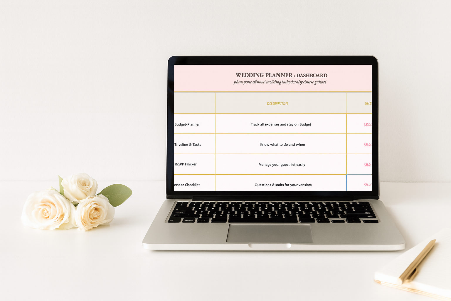 Wedding planner dashboard displayed on laptop with roses on desk