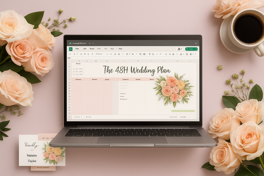 Wedding planner spreadsheet mockup on laptop screen with roses and coffee cup